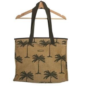 Ricardo Beverly Hills Large Zipper Top Jute Palm Tree Print Tote Bag - FLAW